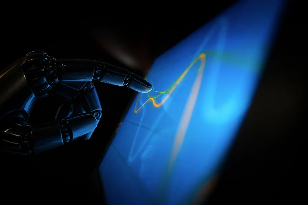 Robotic hand interacting with a digital tablet showing technical data